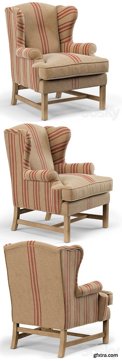 Khaki Linen English Club Chair with Red Stripe