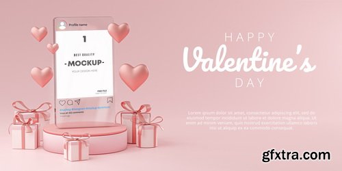 Instagram Post Mockup on Glass Template Valentine Wedding Love Heart Shape and Gift Box 3D Rendering