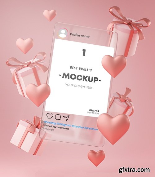 Instagram Post Mockup on Glass Template Valentine Wedding Love Heart Shape and Gift Box 3D Rendering