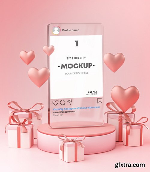 Instagram Post Mockup on Glass Template Valentine Wedding Love Heart Shape and Gift Box 3D Rendering