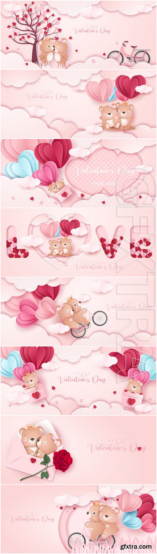 Cute doodle bear for valentines day in paper style banner
