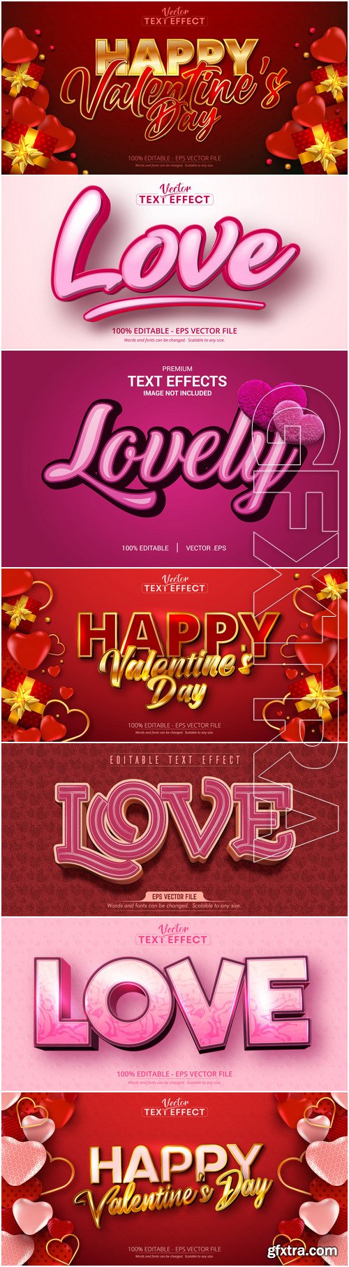 Valentine text effects style in vector with hearts
