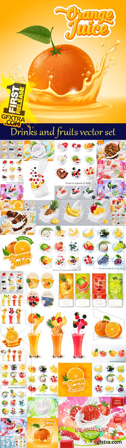 Drinks and fresh fruits vector set