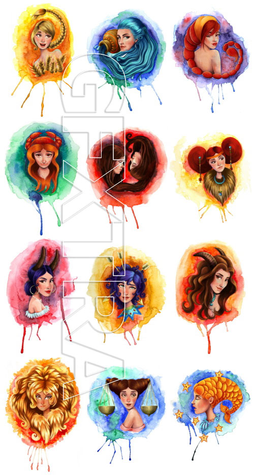 Zodiac Signs, Watercolor Illustrations 12xJPG