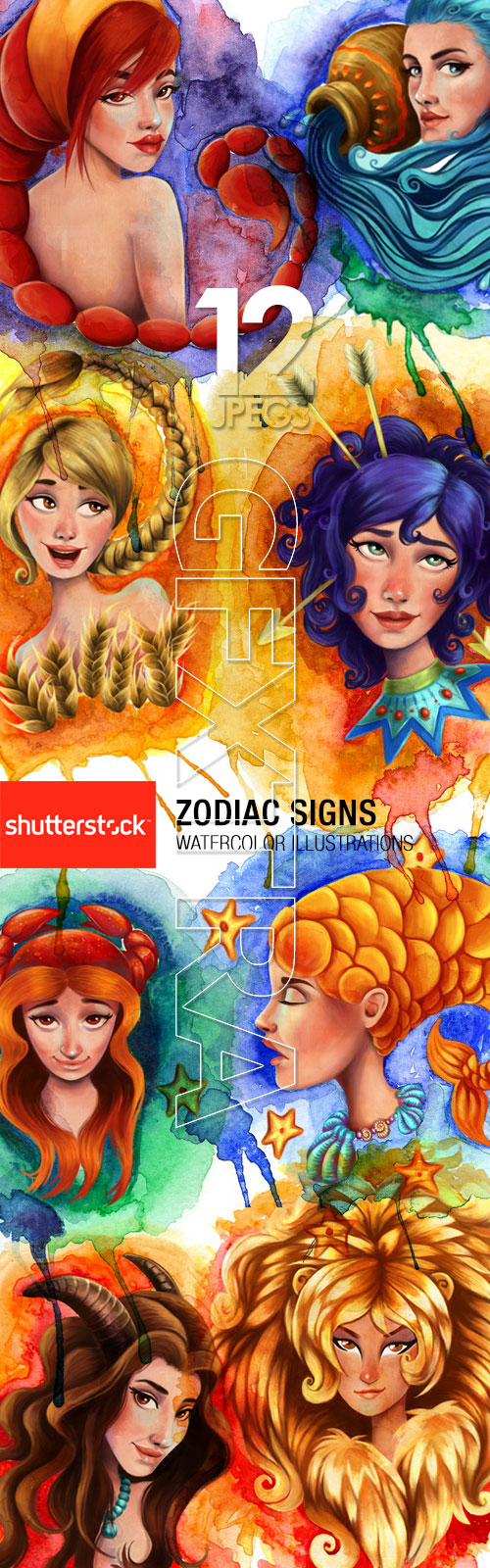 Zodiac Signs, Watercolor Illustrations 12xJPG