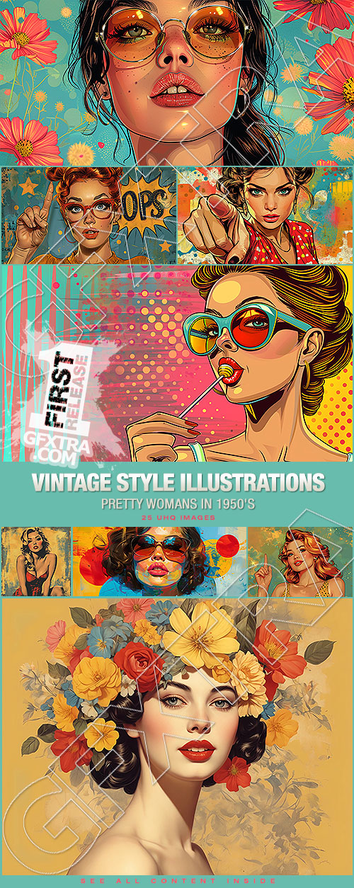 Vintage Style Illustrations of Pretty Womans in 1950's - 1