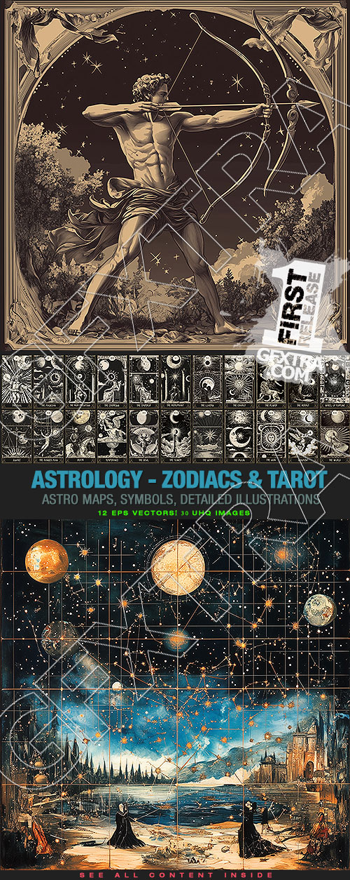 Astrology, Zodiacs &amp; Tarot Illustrations 12xEPS, 30xJPG