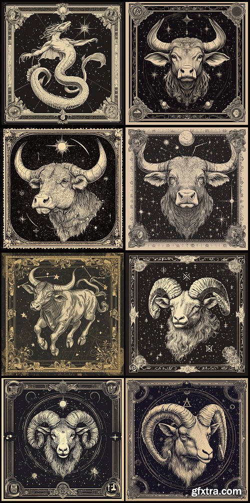 Astrology, Zodiacs &amp; Tarot Illustrations 12xEPS, 30xJPG