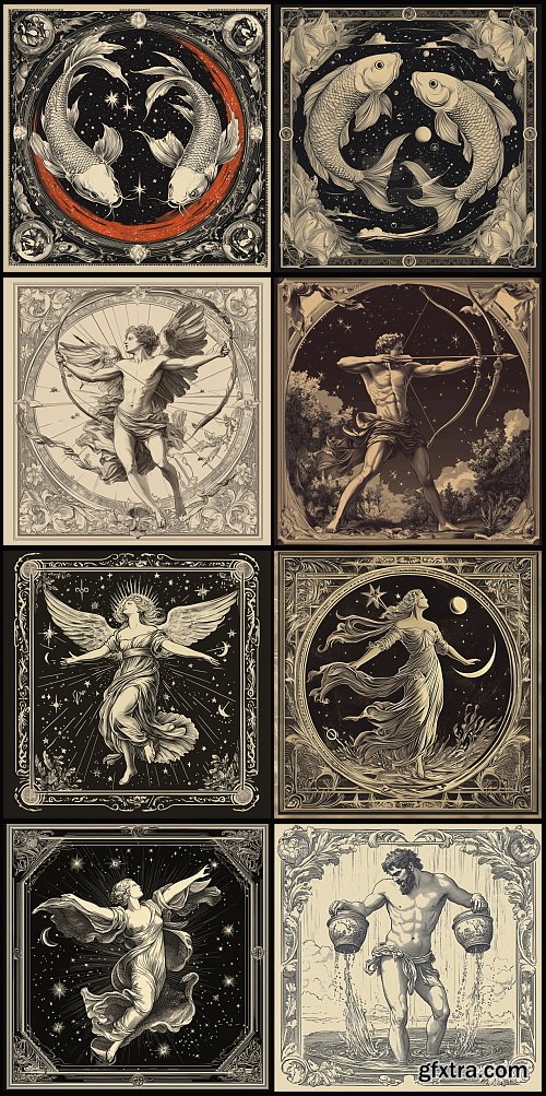 Astrology, Zodiacs &amp; Tarot Illustrations 12xEPS, 30xJPG