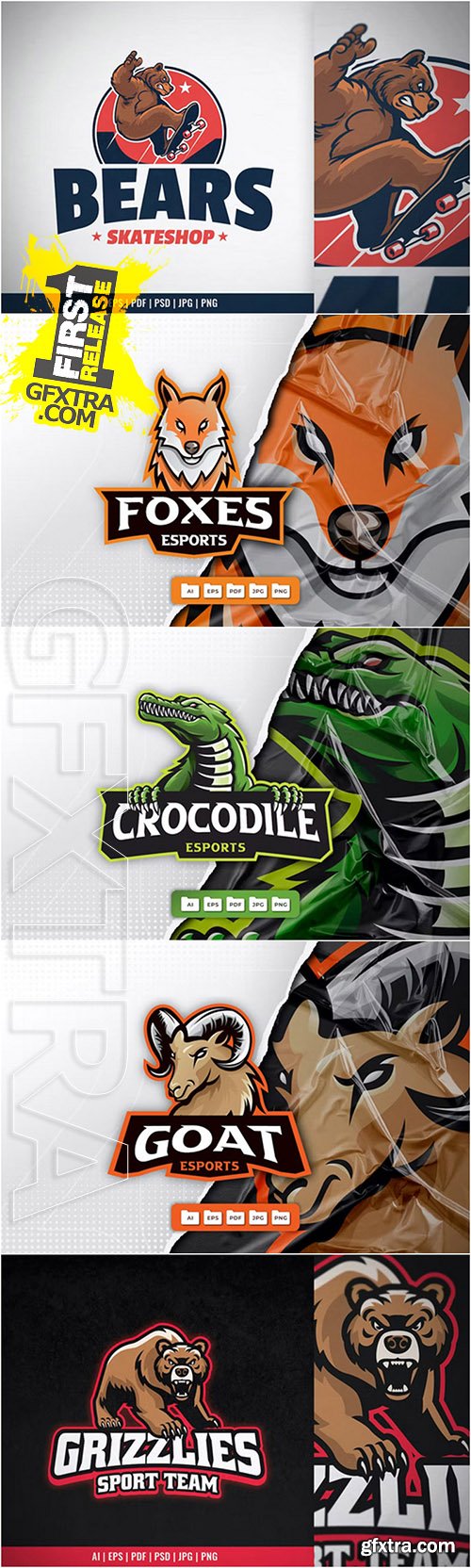 Mascot logo vector design, crocodile, fox, bear, goat