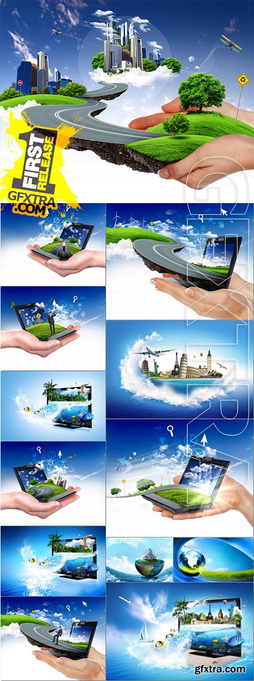 Nature technology and people concept set stock photos