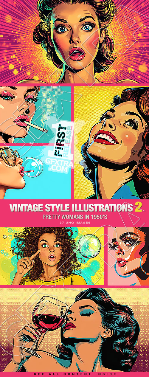 Vintage Style Illustrations of Pretty Womans in 1950's II, 37xJPG