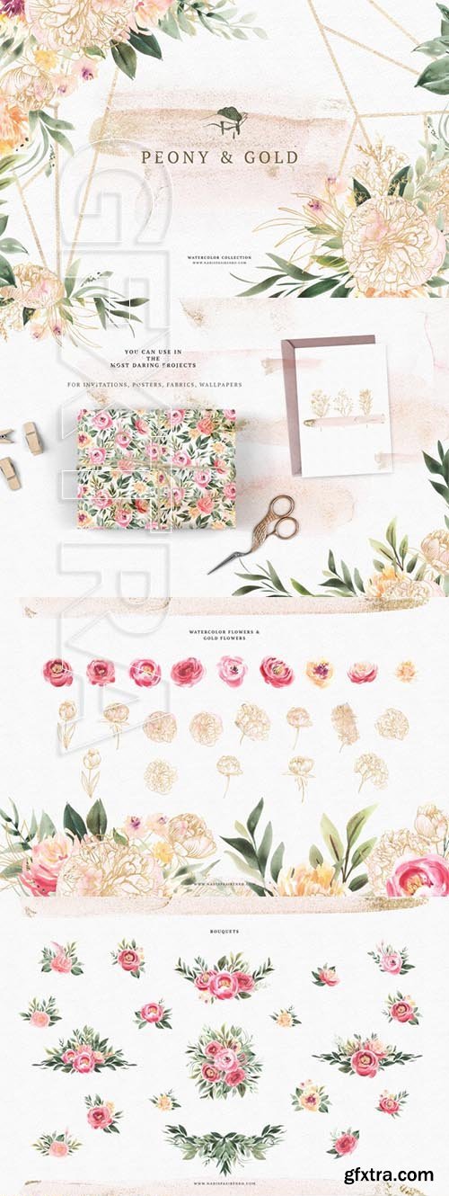 Watercolor Peony &amp; Gold