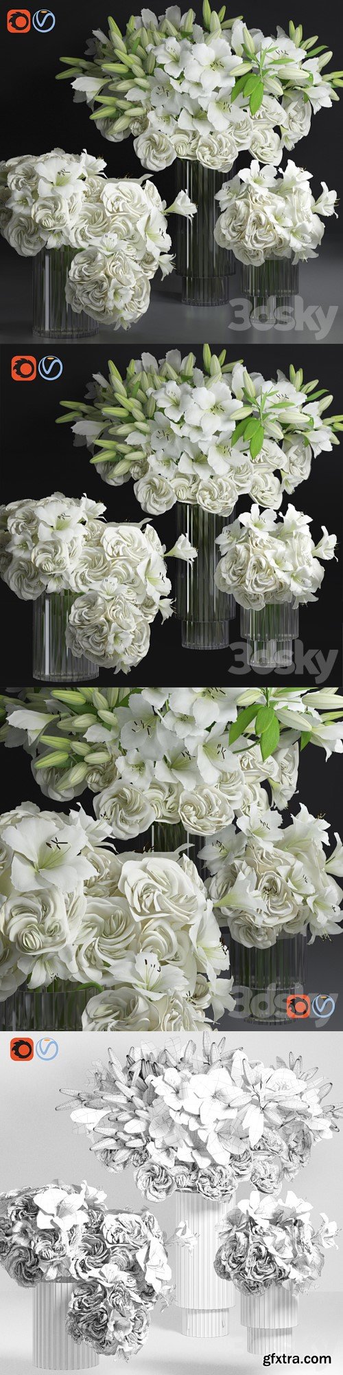 3dsky Pro - White Lily Tuberose Peony Camelia Bouquet Decorative Glass Vases Set