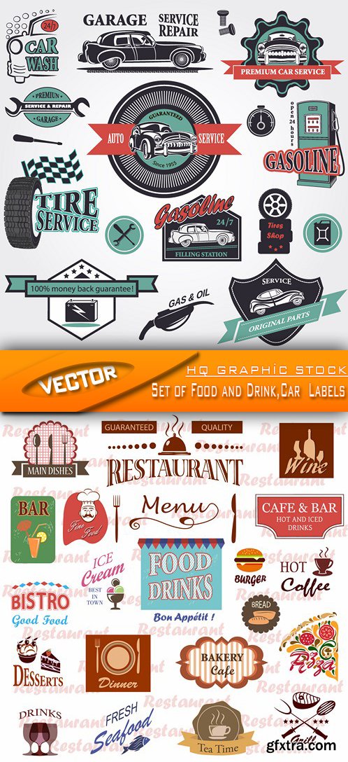 Stock Vector - Set of Food and Drink,Car Labels
