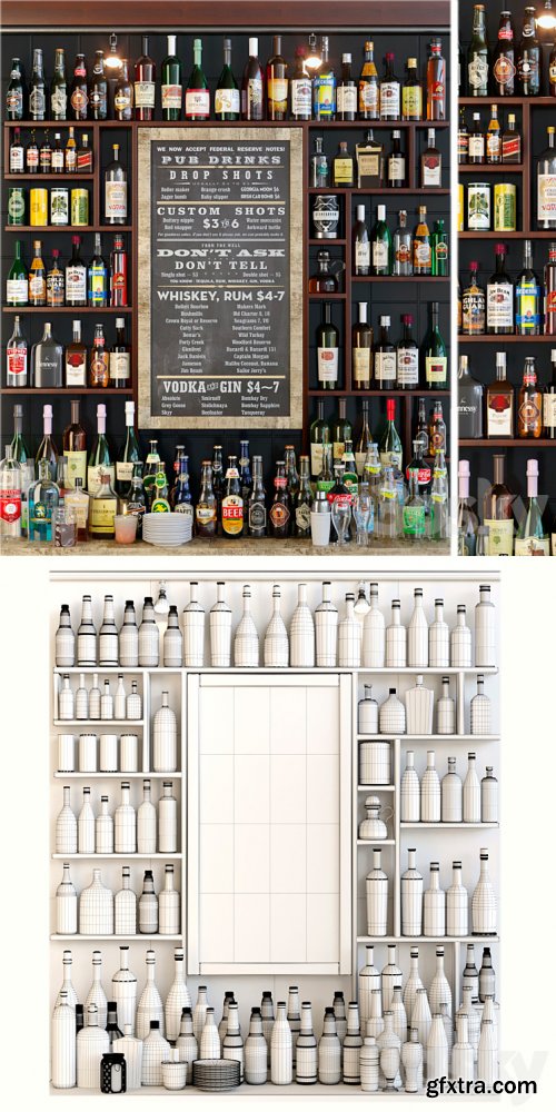 3dsky Pro - Showcase in the bar with a collection of strong alcohol and cocktails. Alcohol