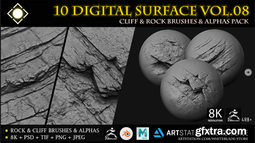 Artstation - 10 Digital Surface Rock & Cliff Brushes & Alphas Vol.08