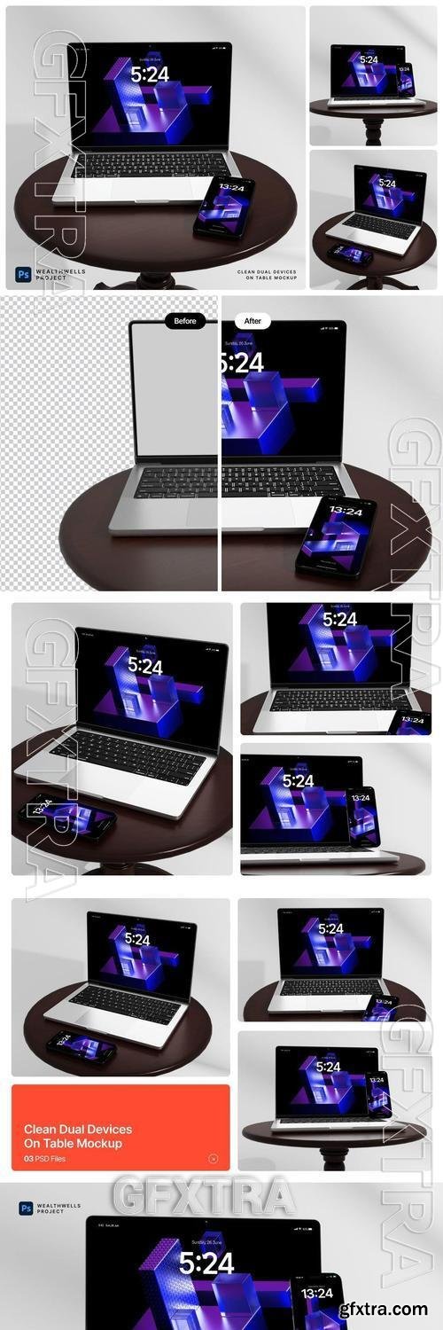 Clean Dual Devices On Table Mockup 892DWF5