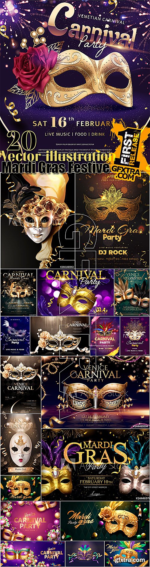 Mardi Gras festive vector illustration set