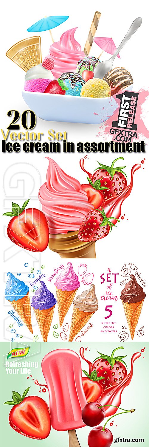 Ice cream in assortment 20 vector illustrations
