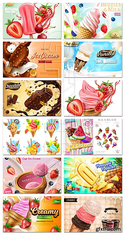 Ice cream in assortment 20 vector illustrations