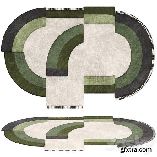 3dsky Pro - Carpet Contemporary Oval Rug with Geometric Pattern in Green Hues and Beige in Wool