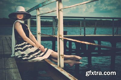 Vintage Style Female Model on Old Pier 25xJPG