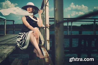 Vintage Style Female Model on Old Pier 25xJPG