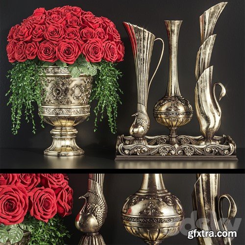 3dsky Pro - Decoration Set 23 Red Roses in antique vases.