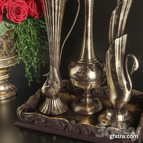 3dsky Pro - Decoration Set 23 Red Roses in antique vases.
