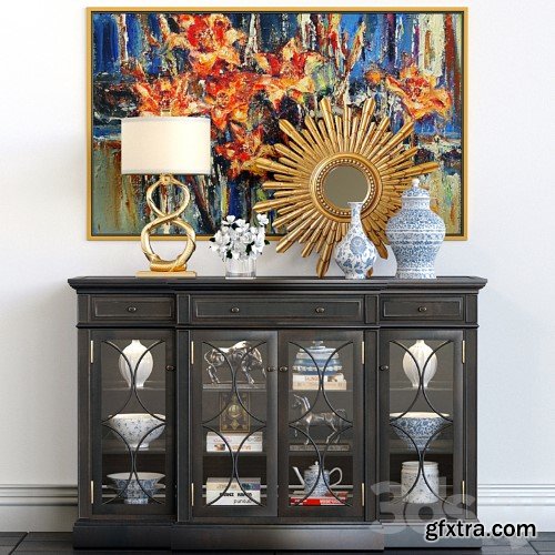 3dsky Pro - A chest of drawers with a collection of decor, a lamp and a set of sculptures