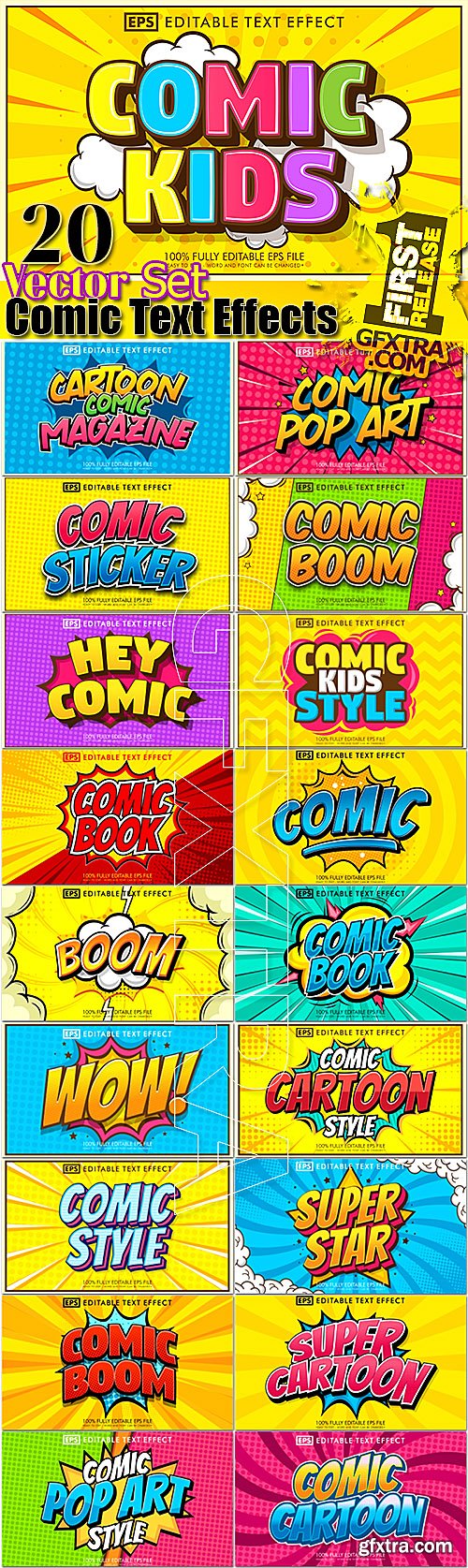 20 Comic Text Effects, Styles Fonts Vector Set