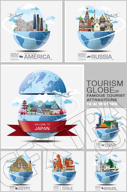 Tourism Globe of Famous Tourist Attractions 18xEPS