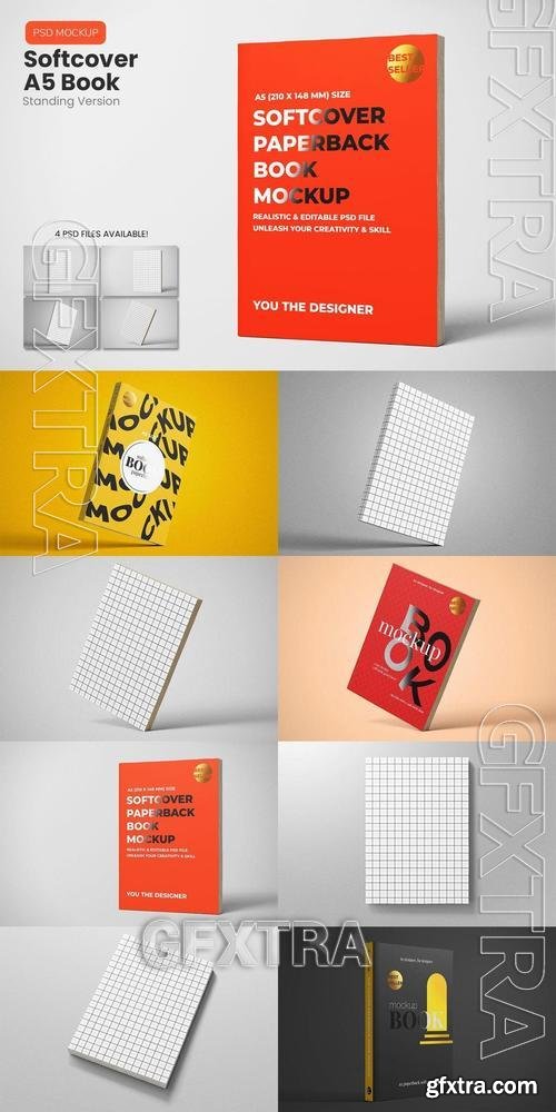 Softcover A5 Book Mockup - Standing View W7PXTLZ