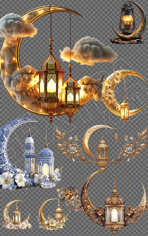 8 Decorated PNG Crescent with Muslim Lamps &amp; Mosques