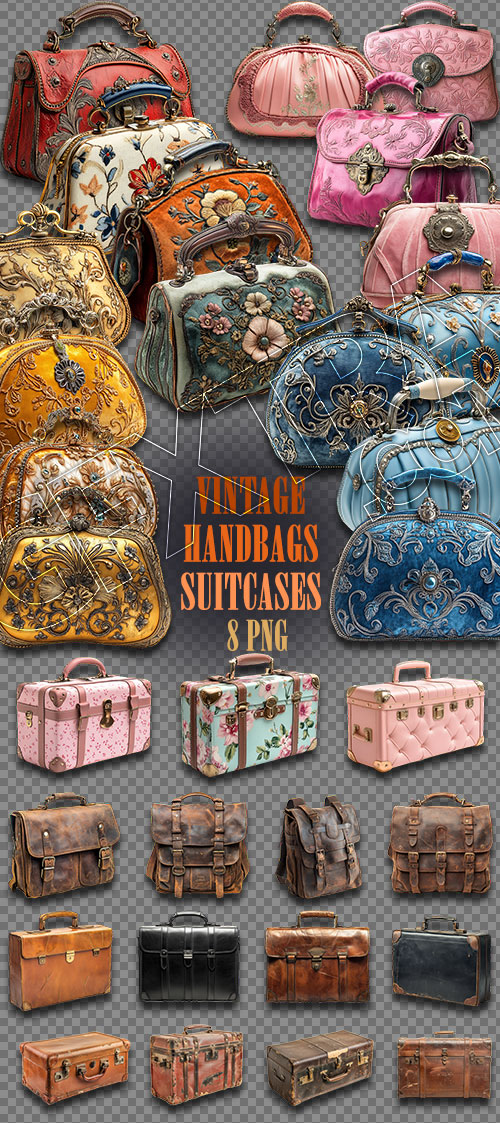 VINTAGE ACCESSORIES - HANDBAGS &amp; SUITCASES 8xPNG