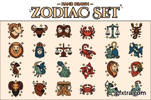 Hand Drawn Zodiac Set 24xSVG, EPS, AI