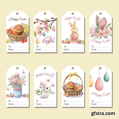 Happy Easter greeting cards with spring and easter elements Bunny colored eggs bread flowers