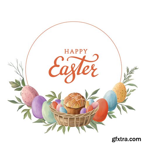 Happy Easter greeting cards with spring and easter elements Bunny colored eggs bread flowers