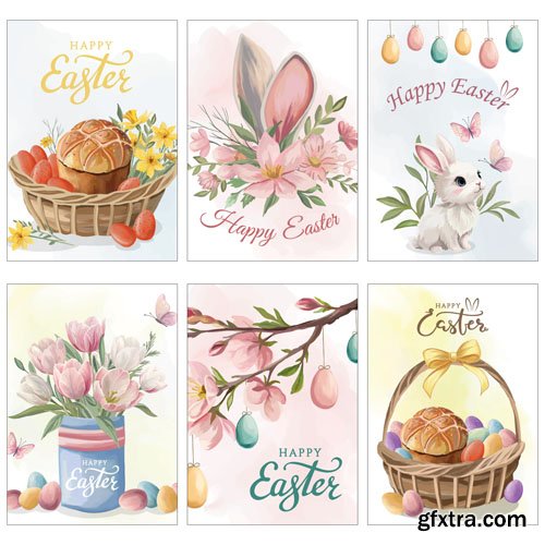 Happy Easter greeting cards with spring and easter elements Bunny colored eggs bread flowers