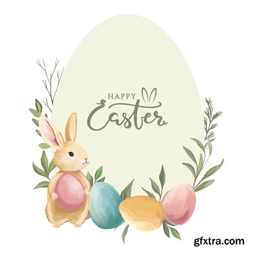 Happy Easter greeting cards with spring and easter elements Bunny colored eggs bread flowers