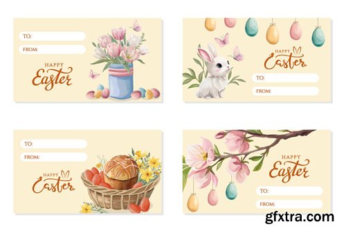 Happy Easter greeting cards with spring and easter elements Bunny colored eggs bread flowers