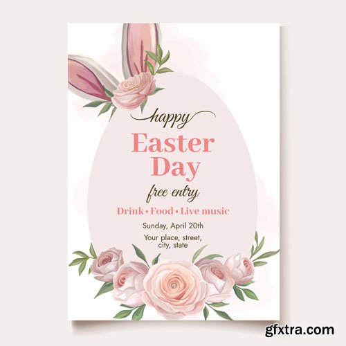 Happy Easter greeting cards with spring and easter elements Bunny colored eggs bread flowers