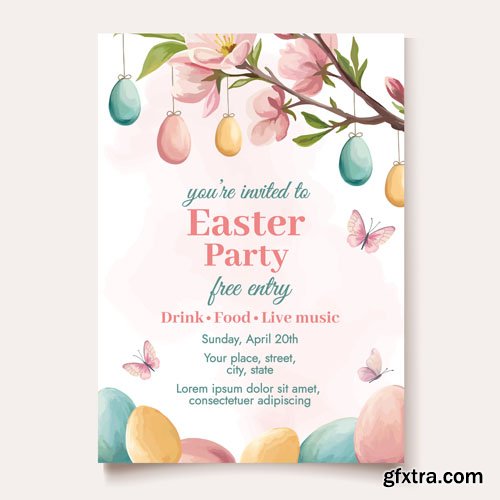 Happy Easter greeting cards with spring and easter elements Bunny colored eggs bread flowers