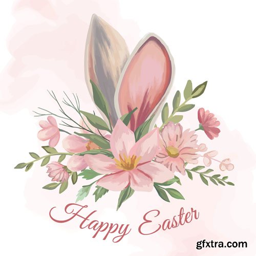Happy Easter greeting cards with spring and easter elements Bunny colored eggs bread flowers