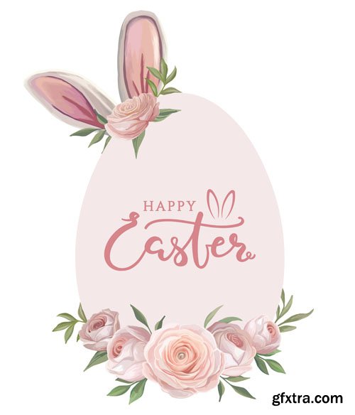 Happy Easter greeting cards with spring and easter elements Bunny colored eggs bread flowers