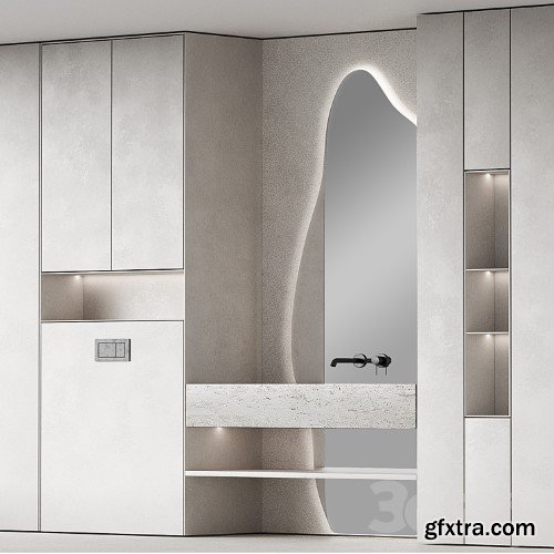 3dsky Pro - Bathroom furniture set 8. Monochrome grey. Curved mirror shape. Stone sink. Wall-mounted faucet.