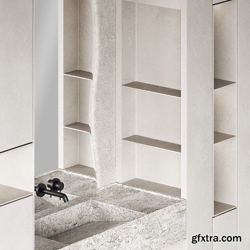 3dsky Pro - Bathroom furniture set 8. Monochrome grey. Curved mirror shape. Stone sink. Wall-mounted faucet.