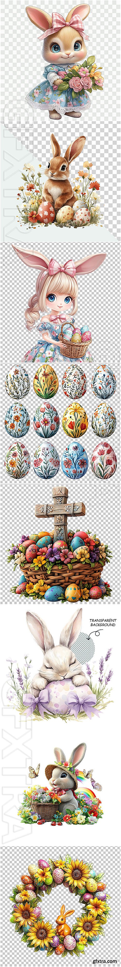 Easter set, cute rabbit, Easter eggs, spring blossoms - psd design template