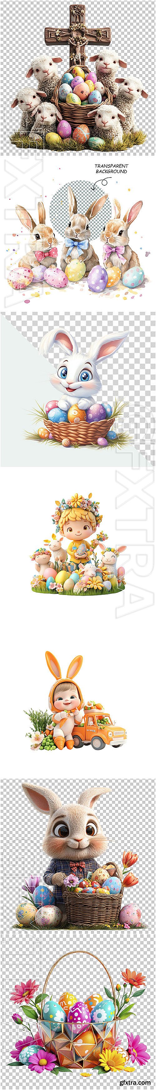 Easter set, cute rabbit, Easter eggs, spring blossoms - psd design template